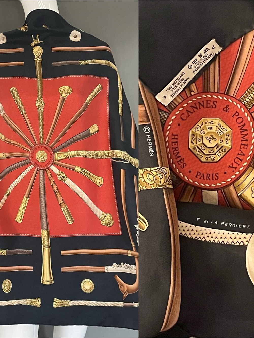 Must Have Hermes Silk Scarf 90 Cannes & Pommeaux de la Perriere Good Condition